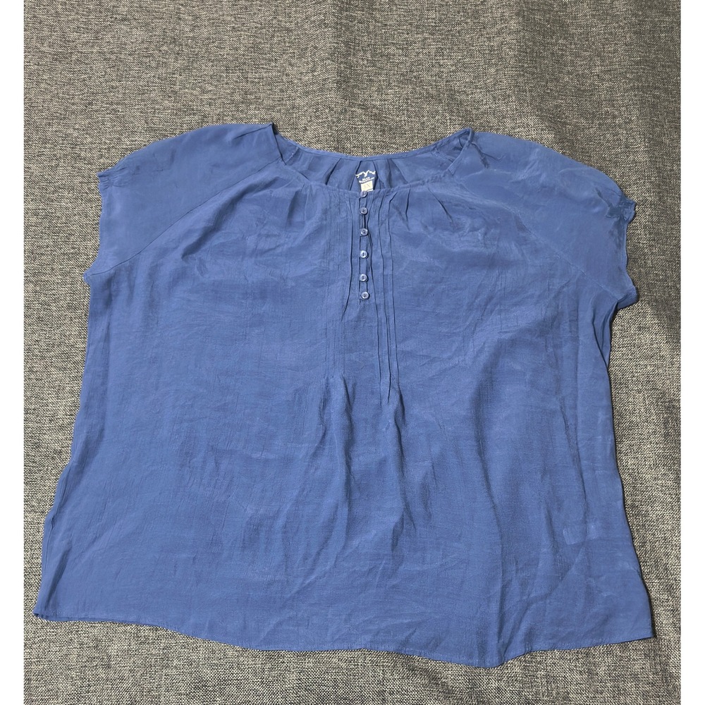 Blue Mountain Women's 3X Blouse Blue Short Sleeve Henley Pleated Rayon Blend